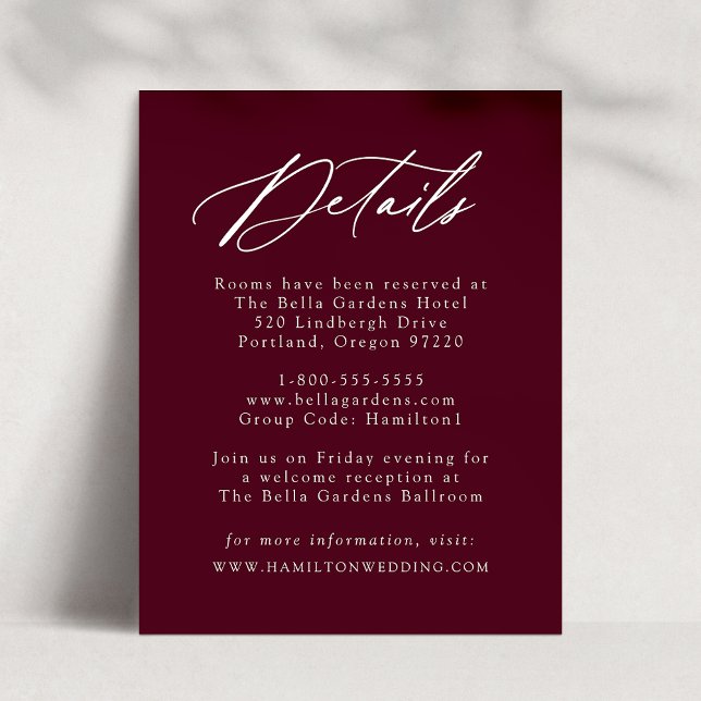 Elegante Calligraphy Burgundy Wedding Details Begleitkarte (Von Creator hochgeladen)