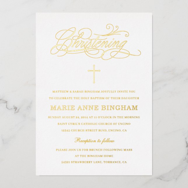 Elegante Calligraphy Christening Gold Folieneinladung (Vorderseite)