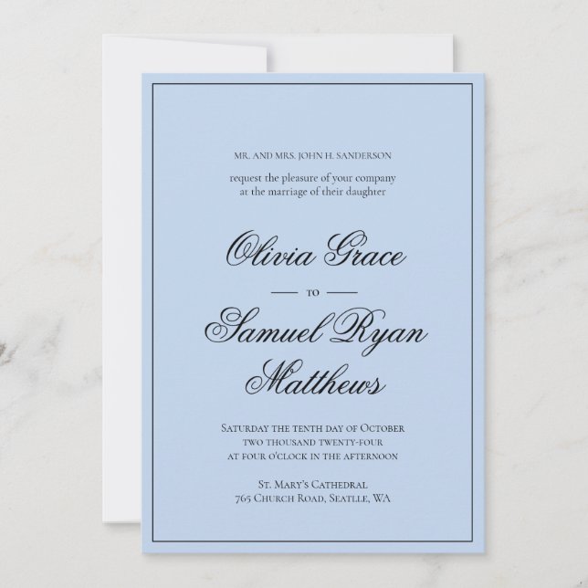 Elegante Calligraphy Classic Border Blue Wedding Einladung (Vorderseite)