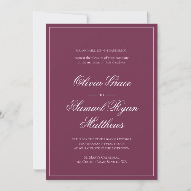 Elegante Calligraphy Classic Burgundy Wedding Einladung (Vorderseite)
