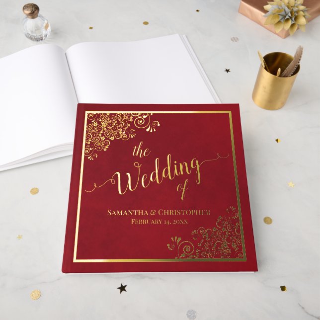 Elegante Calligraphy Crimson Red Gold Foil Wedding Gästebuch (Vorderseite Offen)