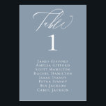 Elegante Calligraphy Dusty Blue Seating Table Card Tischnummer<br><div class="desc">Eleganter weißer Kalligraphie-"Tisch",  mit Gästennamen und Tischnummer,  Hochzeitskarte in trendigem staubblauen Blau.</div>