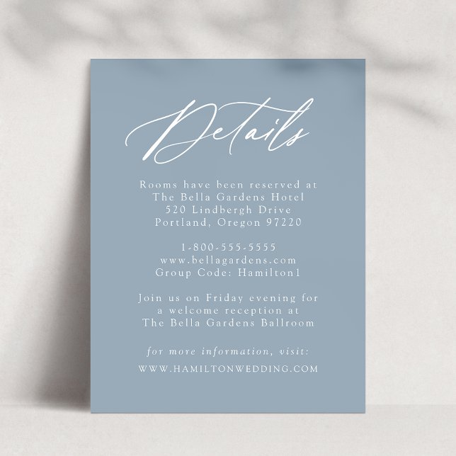 Elegante Calligraphy Dusty Blue Wedding Details Begleitkarte (Von Creator hochgeladen)