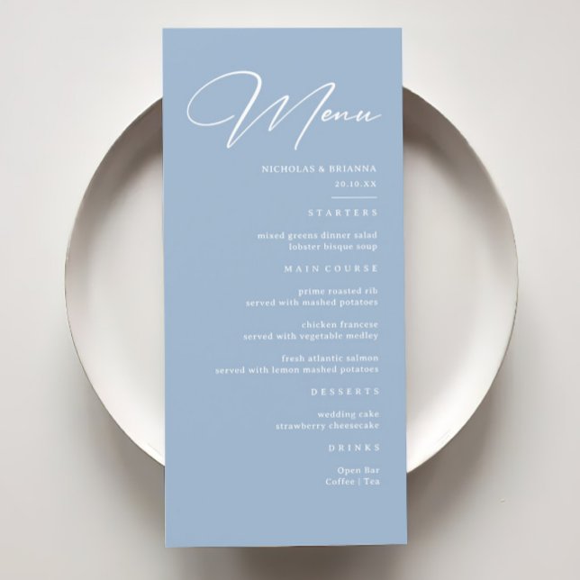 Elegante Calligraphy Dusty Blue Wedding Menükarte (Von Creator hochgeladen)