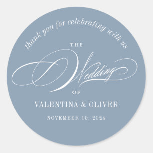 Elegante Calligraphy Dusty Blue Wedding Runder Aufkleber