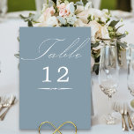 Elegante Calligraphy Dusty Blue Wedding Tischnummer<br><div class="desc">Dusty Blue Hochzeit Tischnummer Karte mit eleganter Kalligraphie und bearbeitbare Tischnummer. Einfaches, modernes minimalistisches Design zum Anzug Ihrer Hochzeitsfarben. Tabelle wird in handgeschriebenem Skript geschrieben, und die Vorlage ist für Sie bereit, die Tischnummer zu bearbeiten. Die Koordination von Einladungen, Schreibwaren und Veranstaltungsdekoration finden Sie in meiner Sammlung von Wedding Colors....</div>