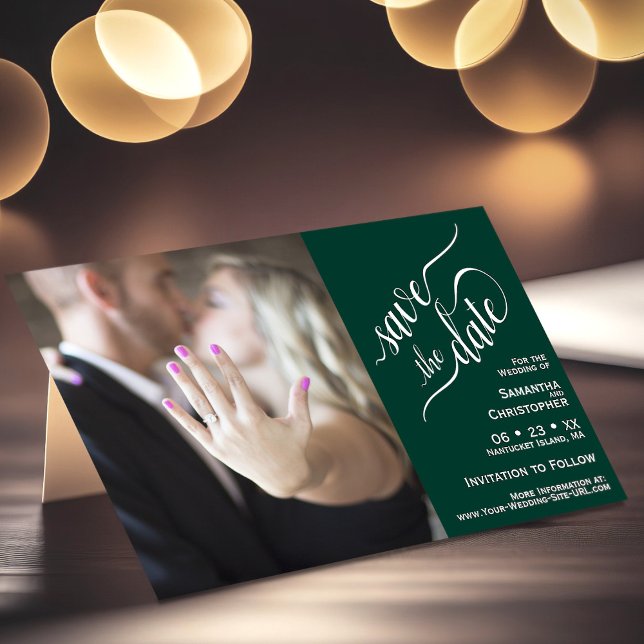 Elegante Calligraphy Emerald 2 Pane Foto Wedding Save The Date (Von Creator hochgeladen)