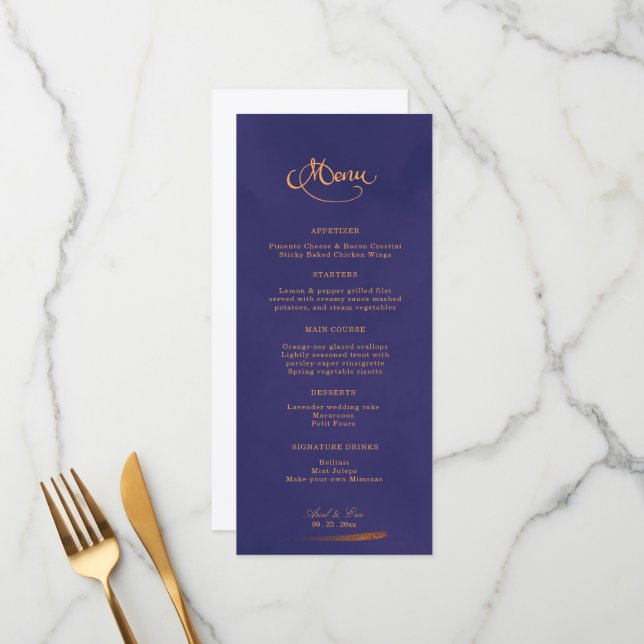 Elegante Calligraphy Emerald Lila & Gold Wedding Menükarte (Vorderseite/Rückseite Beispiel)