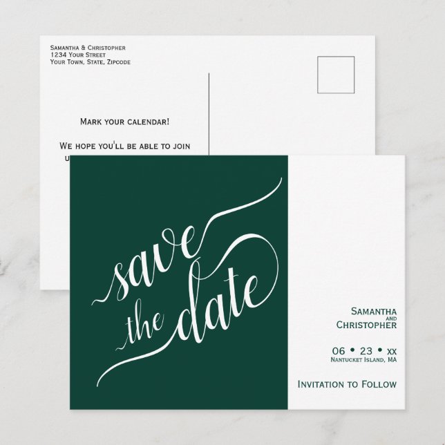 Elegante Calligraphy Emerald Wedding speichern das Ankündigungspostkarte (Vorne/Hinten)
