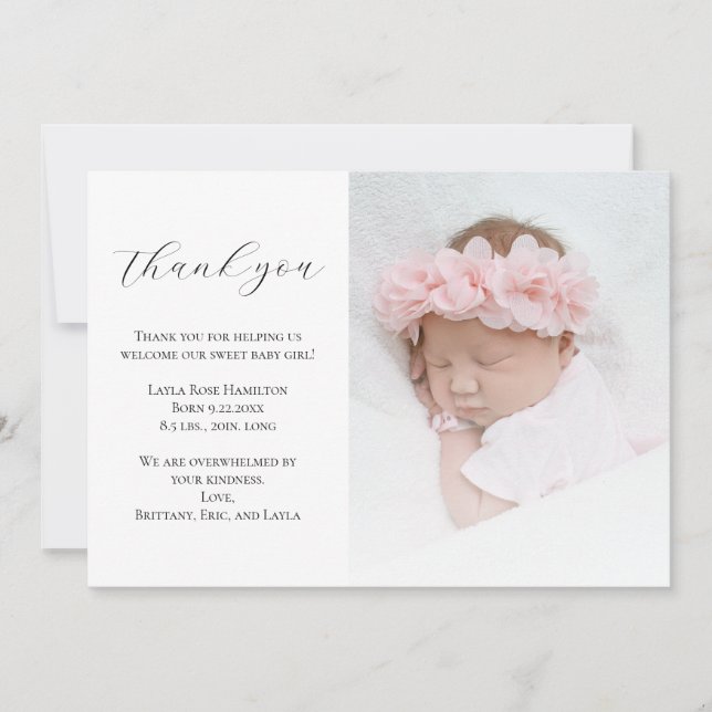 Elegante Calligraphy Foto Baby Shower Dankeskarte (Vorderseite)