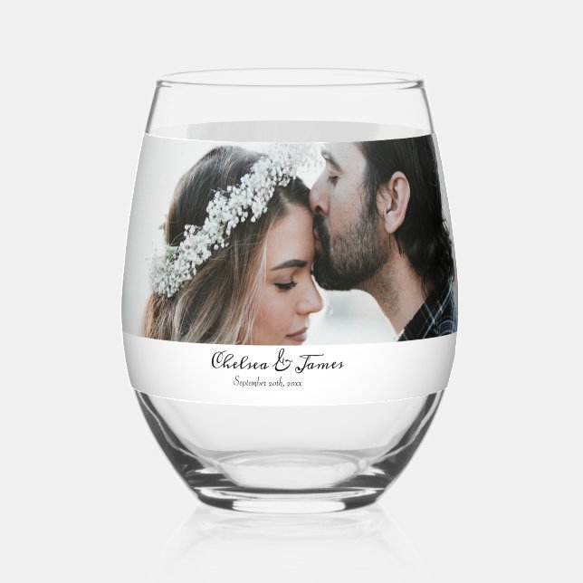 Elegante Calligraphy Foto Wedding Party Weinglas Ohne Stiel (Vorderseite)