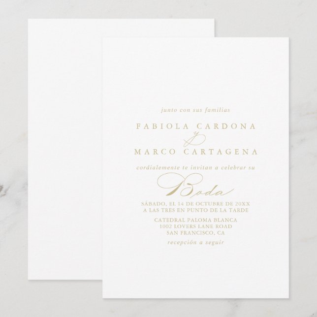 Elegante Calligraphy Gold Spanish Wedding Einladung (Vorne/Hinten)
