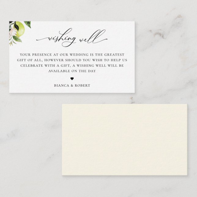 Elegante Calligraphy Lemon Wedding wünscht sich ei Begleitkarte (Vorne/Hinten)