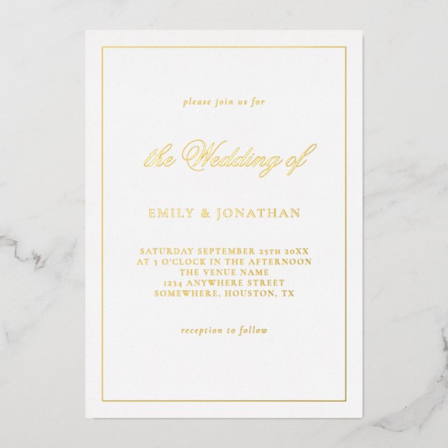 Elegante Calligraphy Line Border Wedding Real Folieneinladung (Vorderseite)