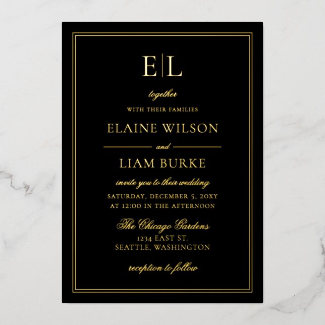 Elegante Calligraphy Luxe Black Gold Wedding Foil Folieneinladung (Vorderseite)