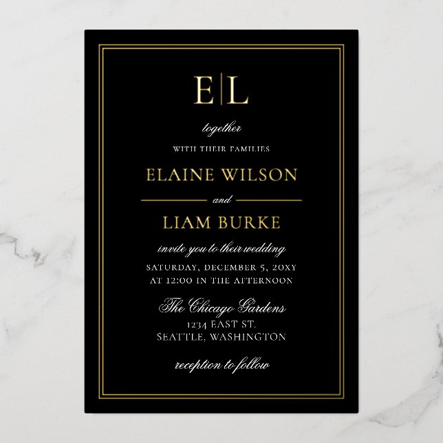Elegante Calligraphy Luxe Black Gold Wedding Folieneinladung (Vorderseite)
