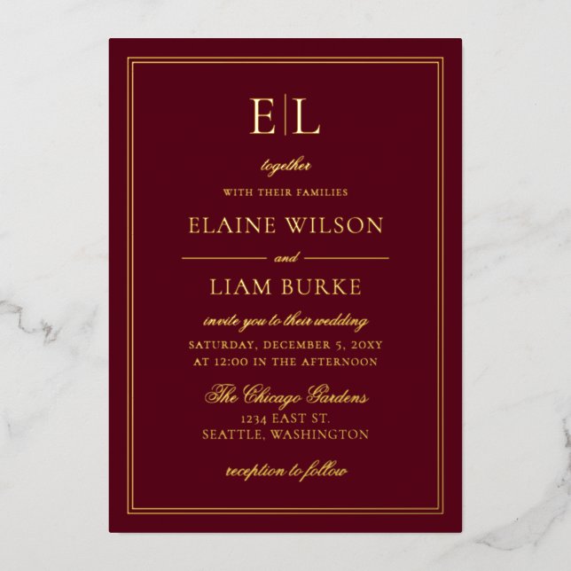 Elegante Calligraphy Luxe Burgundy Gold Wedding F Folieneinladung (Vorderseite)