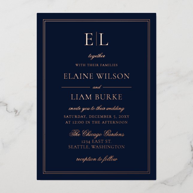 Elegante Calligraphy Luxe Navy Rose Gold Wedding F Folieneinladung (Vorderseite)
