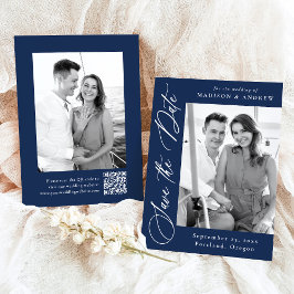 Elegante Calligraphy Navy 2 Foto QR Code Wedding Save The Date