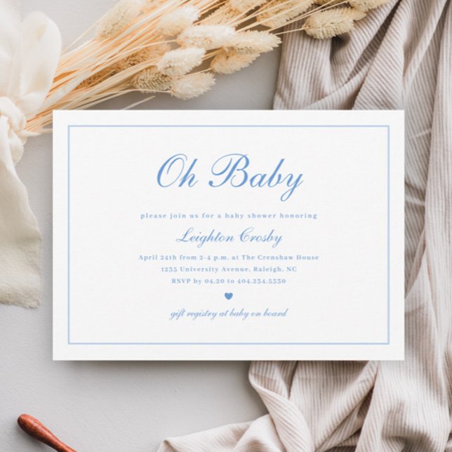 Elegante Calligraphy Oh Baby Boys Baby Shower Einladung (Elegant Calligraphy Minimal Boys Oh Baby Baby Shower Invitation.)