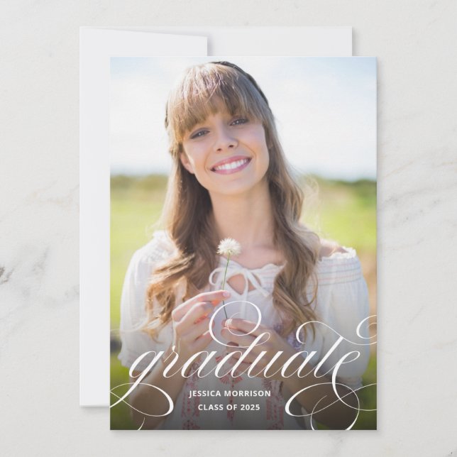Elegante Calligraphy Overlay Foto Graduation Party Einladung (Vorderseite)