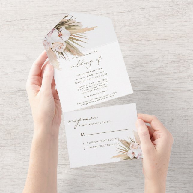 Elegante Calligraphy Pampas Grass Wedding All In One Einladung (Abreißen)