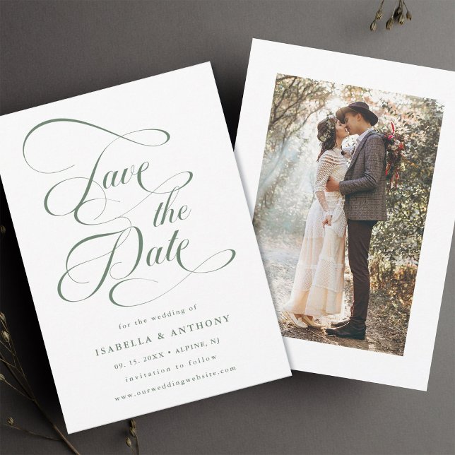 Elegante Calligraphy Sage Green Wedding Save The Date (Front & Back)