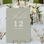 Elegante Calligraphy Sage Green Wedding Tischnummer<br><div class="desc">Sage Green Hochzeitskarte mit eleganter Kalligraphie und bearbeitbarer Tischnummer Tischnummer. Einfaches, modernes minimalistisches Design zum Anzug Ihrer Hochzeitsfarben. Tabelle wird in handgeschriebenem Skript geschrieben, und die Vorlage ist für Sie bereit, die Tischnummer zu bearbeiten. Die Koordination von Einladungen, Schreibwaren und Veranstaltungsdekoration finden Sie in meiner Sammlung von Wedding Colors. Wenn...</div>