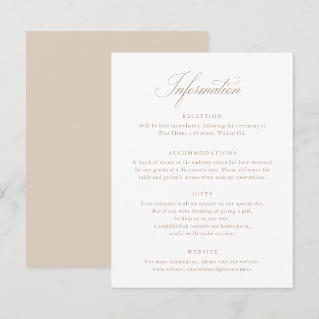 Elegante Calligraphy Script Beige Wedding Info Car Einladung (Vorne/Hinten)