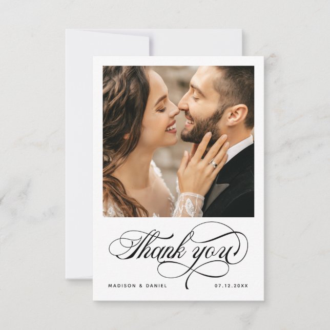 Elegante Calligraphy Script Foto Chic Wedding Dankeskarte (Vorderseite)