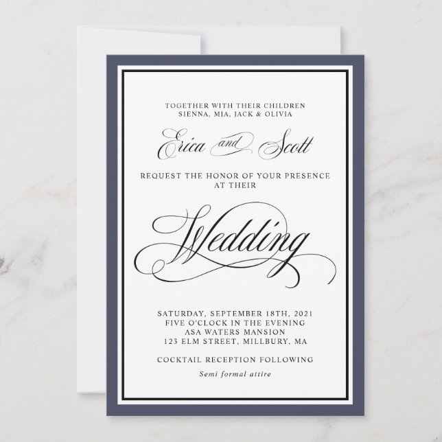 Elegante Calligraphy Script Navy Blue Wedding Invi Einladung (Vorderseite)
