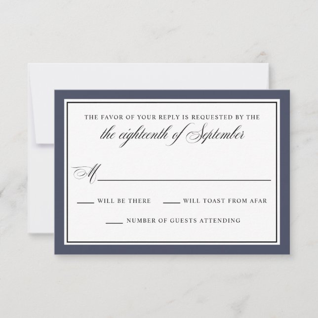 Elegante Calligraphy Script Navy Blue Wedding RSVP (Vorderseite)