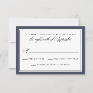 Elegante Calligraphy Script Navy Blue Wedding RSVP Karte