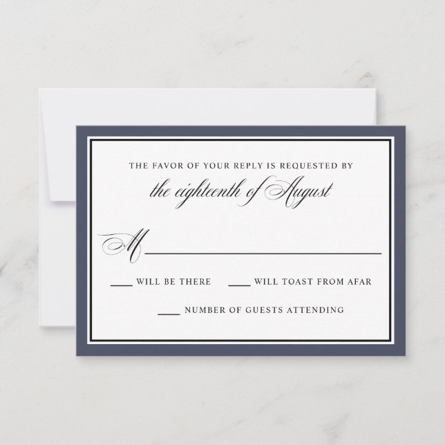 Elegante Calligraphy Script Navy Blue Wedding RSVP Karte (Vorderseite)