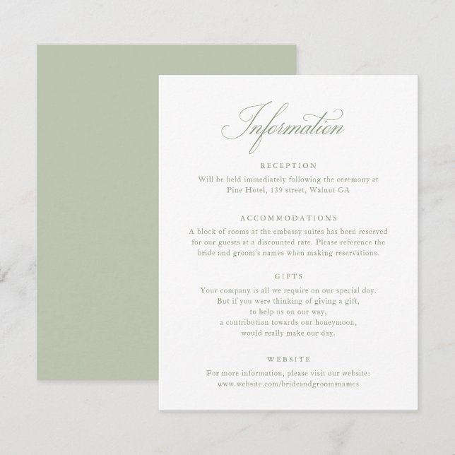 Elegante Calligraphy Script Sage Wedding Info Card Einladung (Vorne/Hinten)