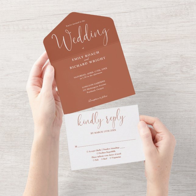 Elegante Calligraphy Script Terracotta Wedding All In One Einladung (Abreißen)