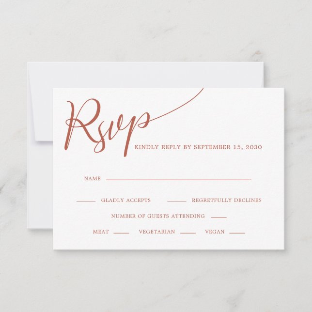 Elegante Calligraphy Terracotta Wedding RSVP Karte (Vorderseite)