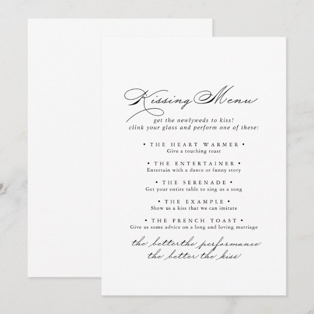 Elegante Calligraphy Wedding Kissing Menu Game Car (Vorne/Hinten)
