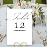 Elegante Calligraphy White Wedding Tischnummer<br><div class="desc">Weiße Hochzeitskarte mit eleganter Kalligraphie und bearbeitbarer Tischnummer. Das schlichte Schwarz-Weiß-Design ist modern und minimalistisch, um Ihre Hochzeitsfarben Anzug. Tabelle wird in handgeschriebenem Skript geschrieben, und die Vorlage ist für Sie bereit, die Tischnummer zu bearbeiten. Die Koordination von Einladungen, Schreibwaren und Veranstaltungsdekoration finden Sie in meiner Sammlung von Wedding Colors....</div>