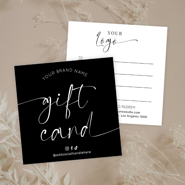 Elégante carte cadeau Black White Chic Logo Coiffe (Elegant black and white gift card design with elegant script fonts and your logo)