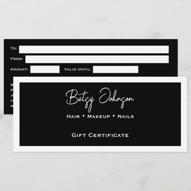 Élégante carte cadeau noir et blanc (Devant / Derrière)