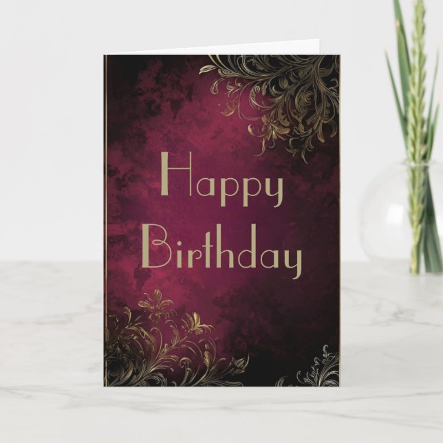 Elégante Carte d'Anniversaire Burgundy & Faux Gold (Devant)