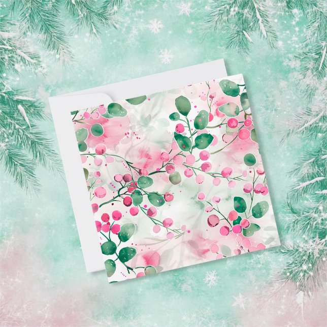 Elégante carte d'art floral de baies roses (Elegant Pink Berries Floral Christmas Art Card)