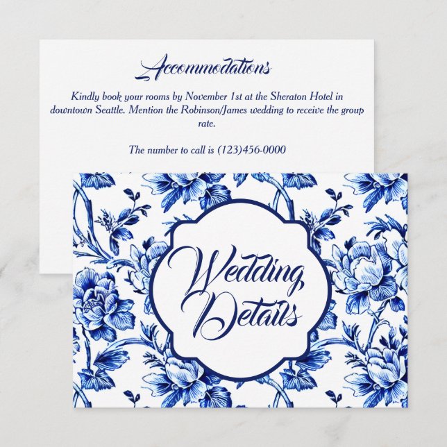 Élégante carte de boîtier Mariage floral bleu et b (Devant / Derrière)