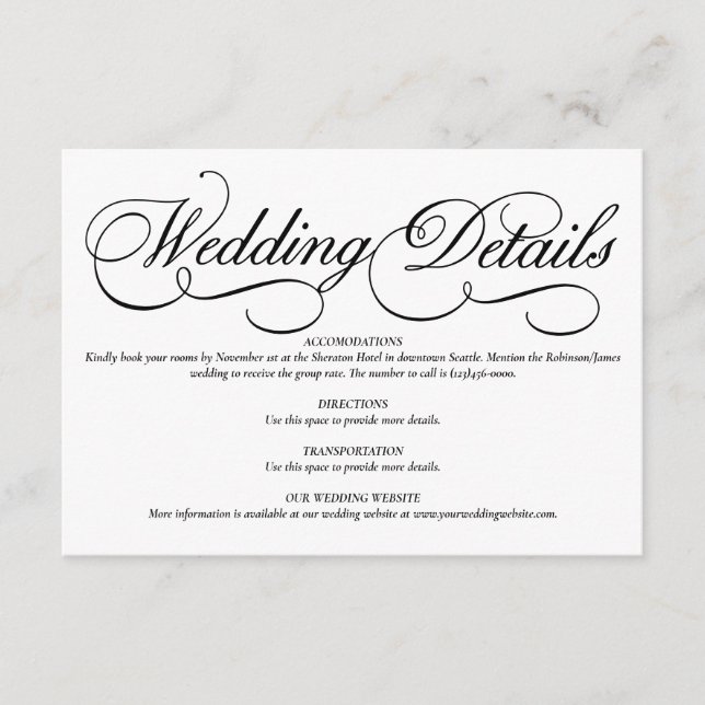 Elégante carte de détails de Mariage blanc (Devant)