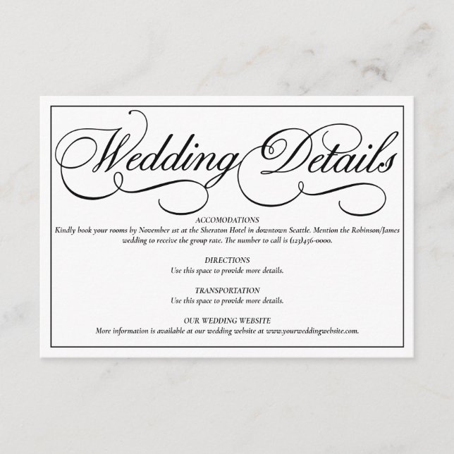 Elégante carte de détails de Mariage blanc (Devant)