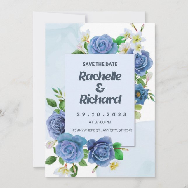 Elégante carte de faire-part de mariage bleu royal (Devant)