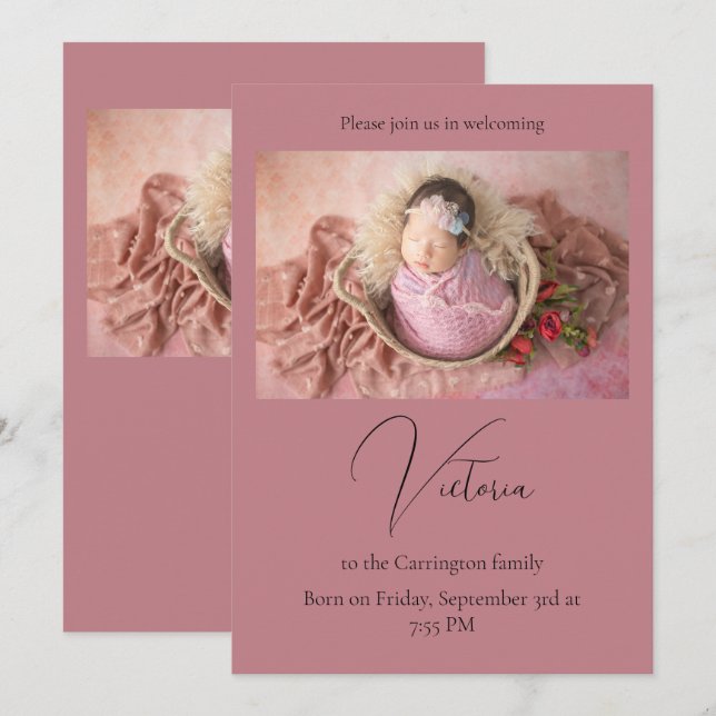 Elégante carte de Faire-part de naissance pour béb (Devant / Derrière)