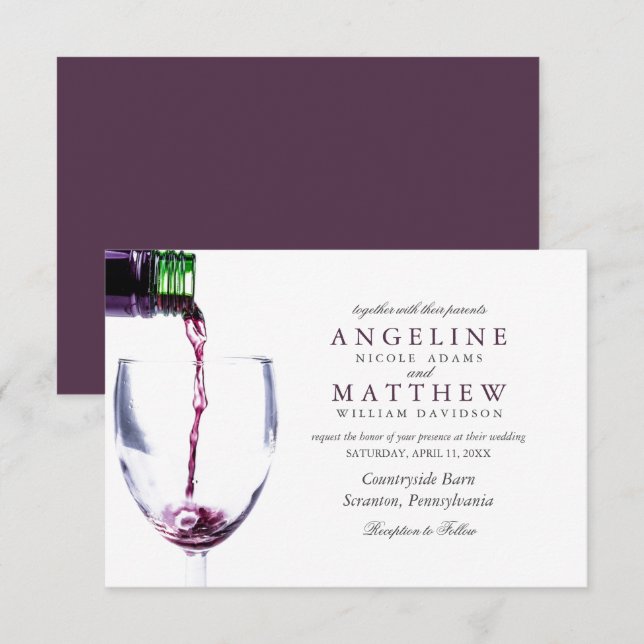 Elégante carte de Mariage en verre de vin et de vi (Devant / Derrière)