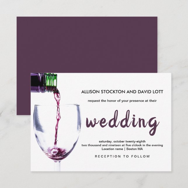 Elégante carte de Mariage en verre de vin et vin r (Devant / Derrière)